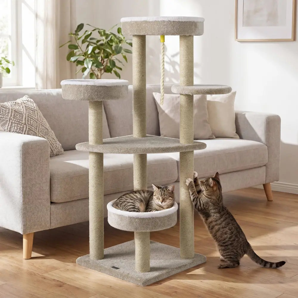 51’’Carpeted Cat Tree with Comfy Plush Perches for Indoor Cats-Beige - Beige - Cat Trees Condos & Scratchers
