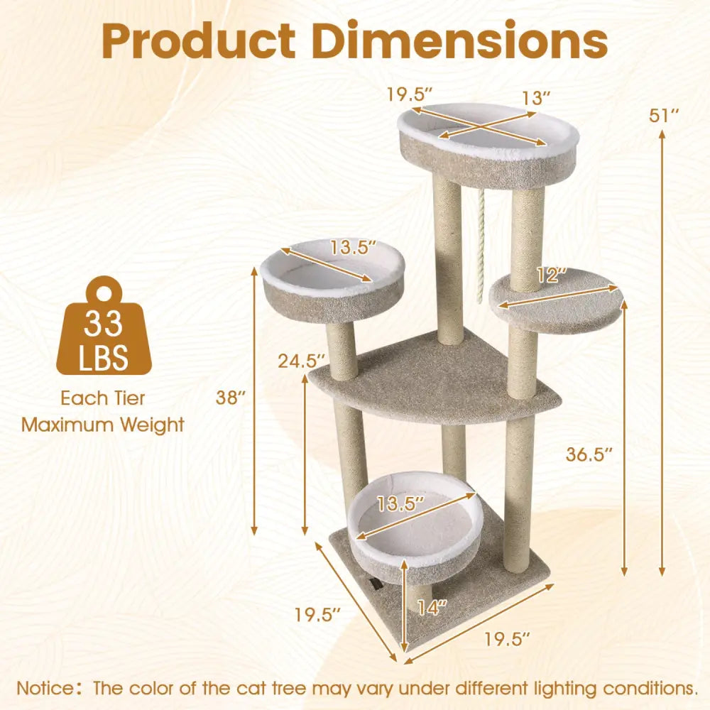 51’’Carpeted Cat Tree with Comfy Plush Perches for Indoor Cats-Beige - Beige - Cat Trees Condos & Scratchers