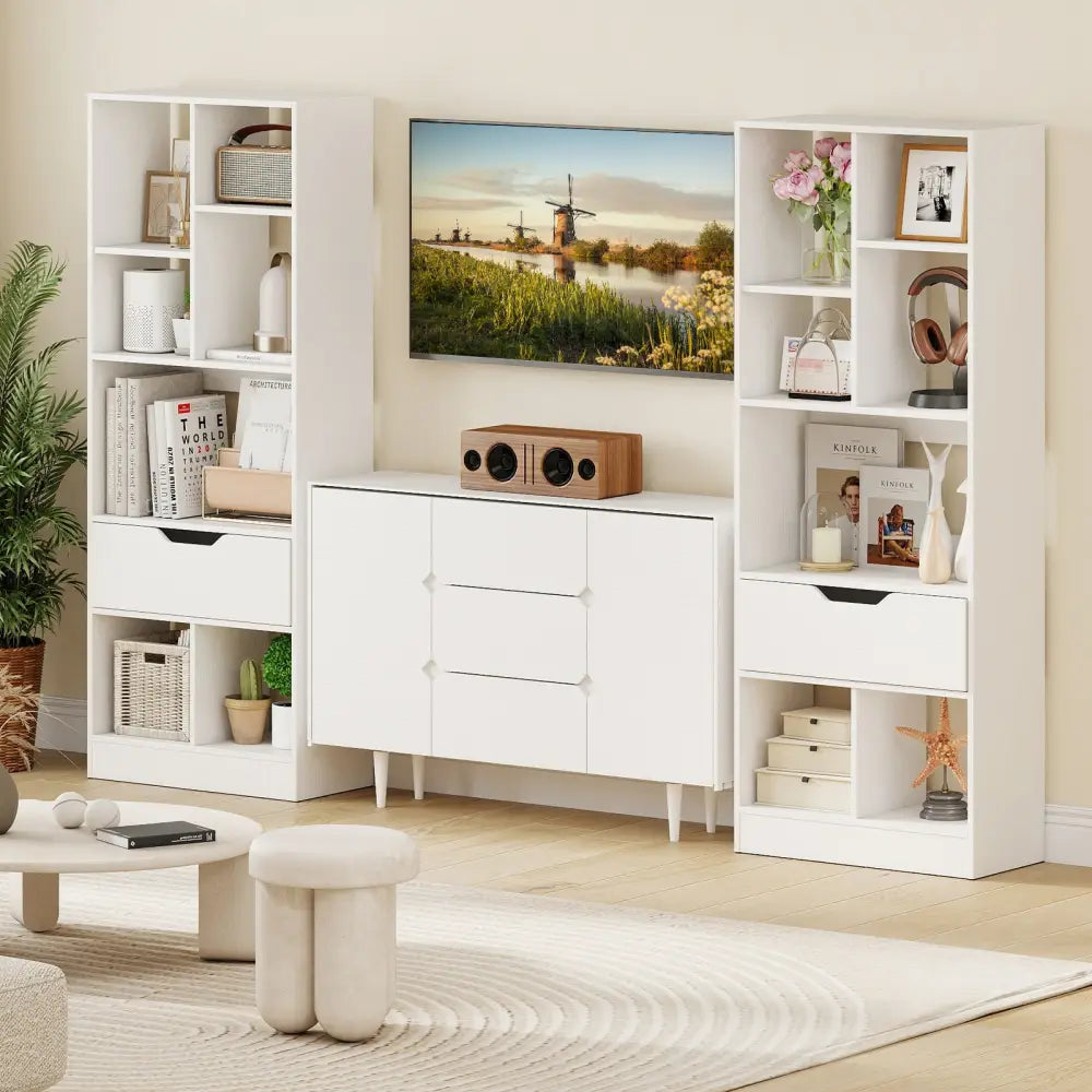 51inch Tall Freestanding Bookcase with Drawer 7-Cube Storage Organizer-White - White - Bookcases