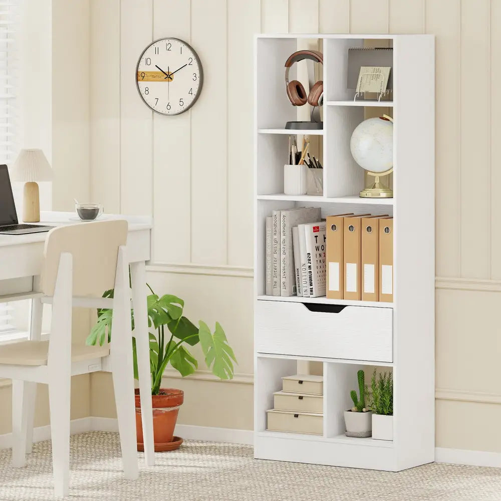 51inch Tall Freestanding Bookcase with Drawer 7-Cube Storage Organizer-White - White - Bookcases