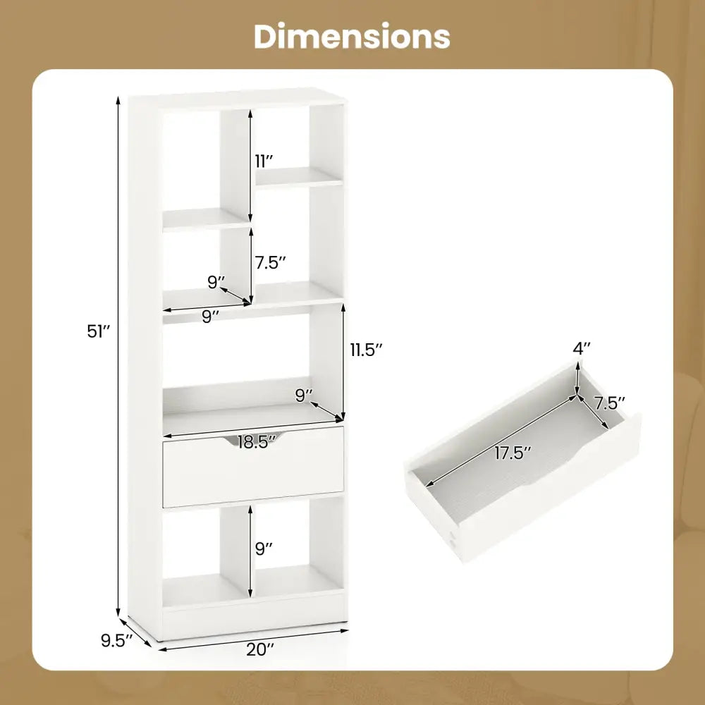 51inch Tall Freestanding Bookcase with Drawer 7-Cube Storage Organizer-White - White - Bookcases
