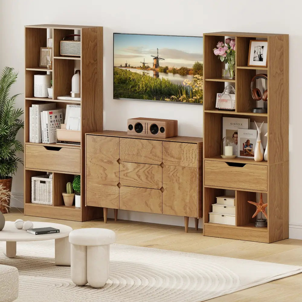 51inch Tall Freestanding Bookcase with Drawer 7-Cube Storage Organizer-Natural - Natural - Bookcases