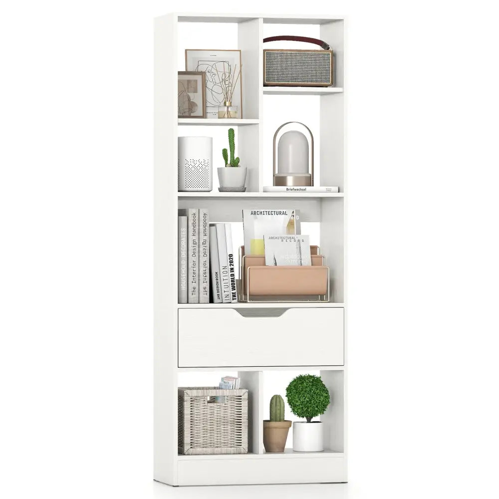 51inch Tall Freestanding Bookcase with Drawer 7-Cube Storage Organizer-White - White - Bookcases