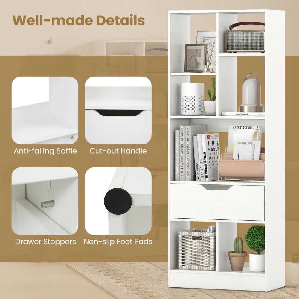 51inch Tall Freestanding Bookcase with Drawer 7-Cube Storage Organizer-White - White - Bookcases