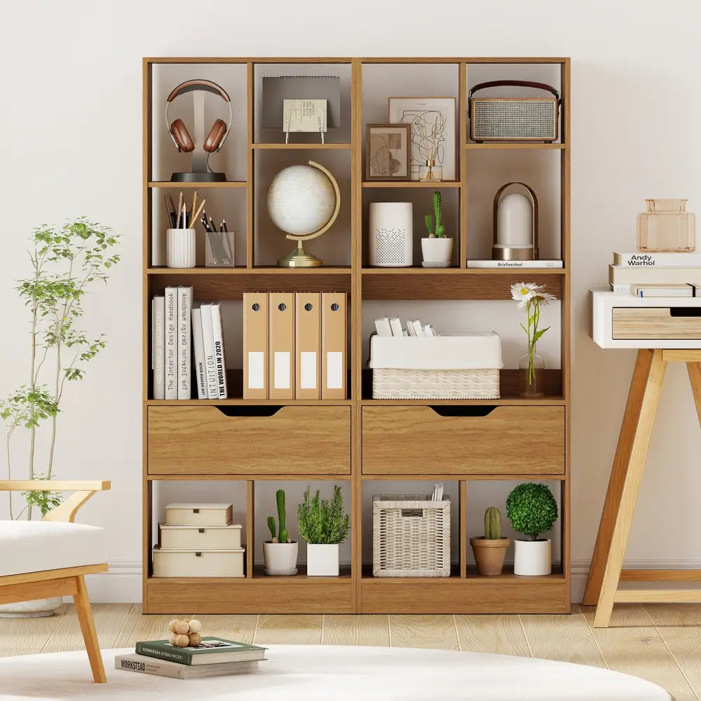 51inch Tall Freestanding Bookcase with Drawer 7-Cube Storage Organizer-Natural - Natural - Bookcases