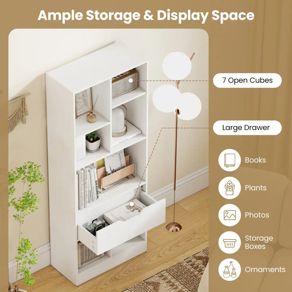 51inch Tall Freestanding Bookcase with Drawer 7-Cube Storage Organizer-White - White - Bookcases