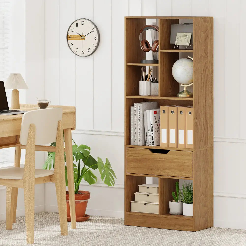 51inch Tall Freestanding Bookcase with Drawer 7-Cube Storage Organizer-Natural - Natural - Bookcases