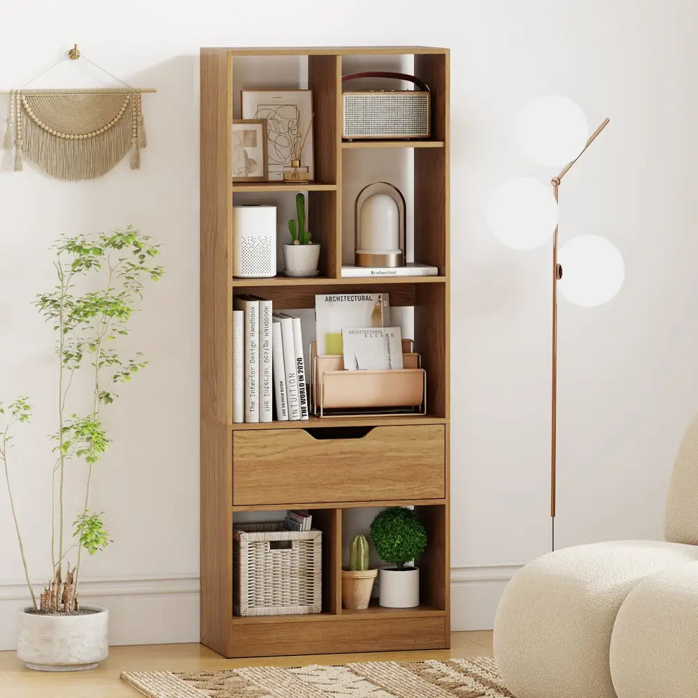 51inch Tall Freestanding Bookcase with Drawer 7-Cube Storage Organizer-Natural - Natural - Bookcases