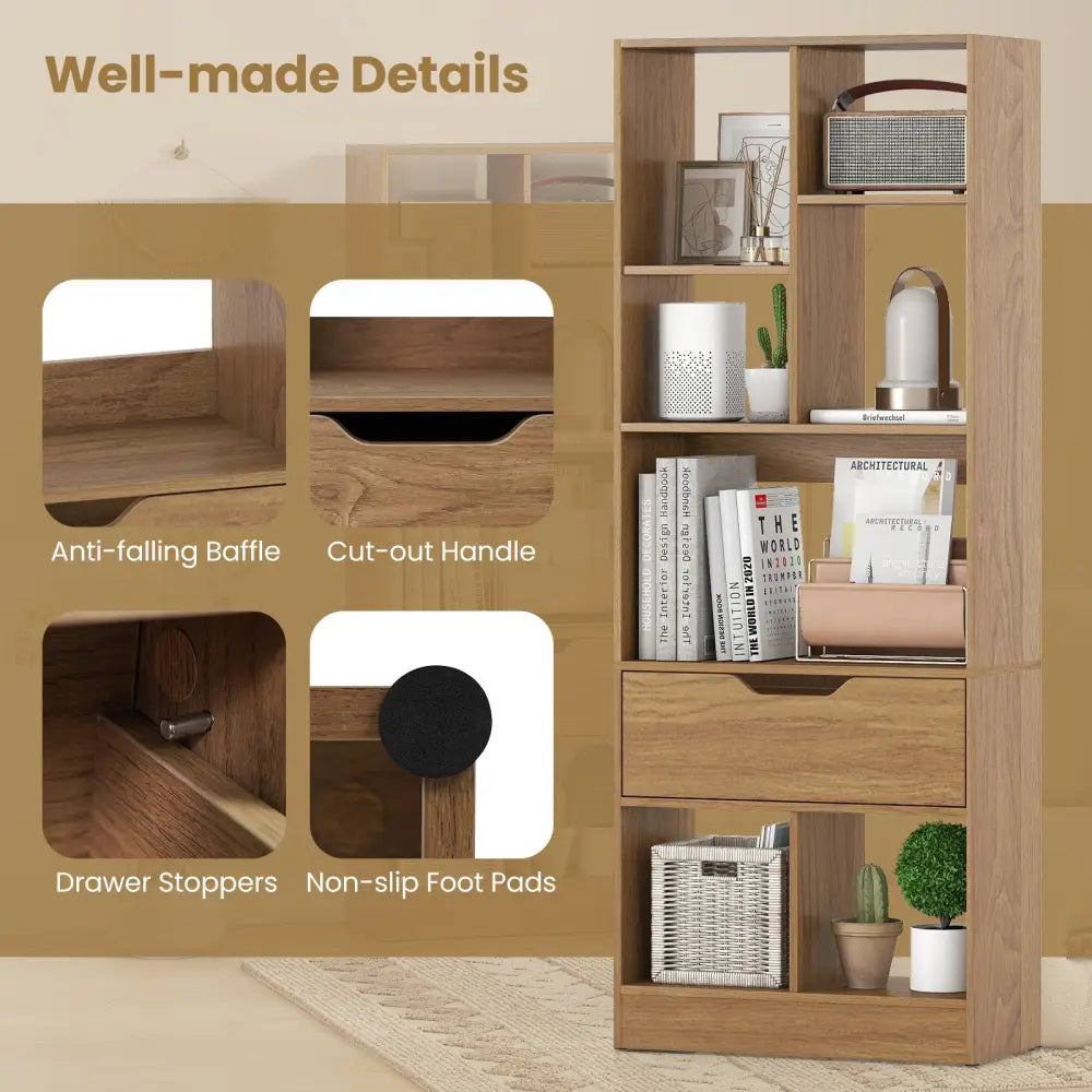 51inch Tall Freestanding Bookcase with Drawer 7-Cube Storage Organizer-Natural - Natural - Bookcases