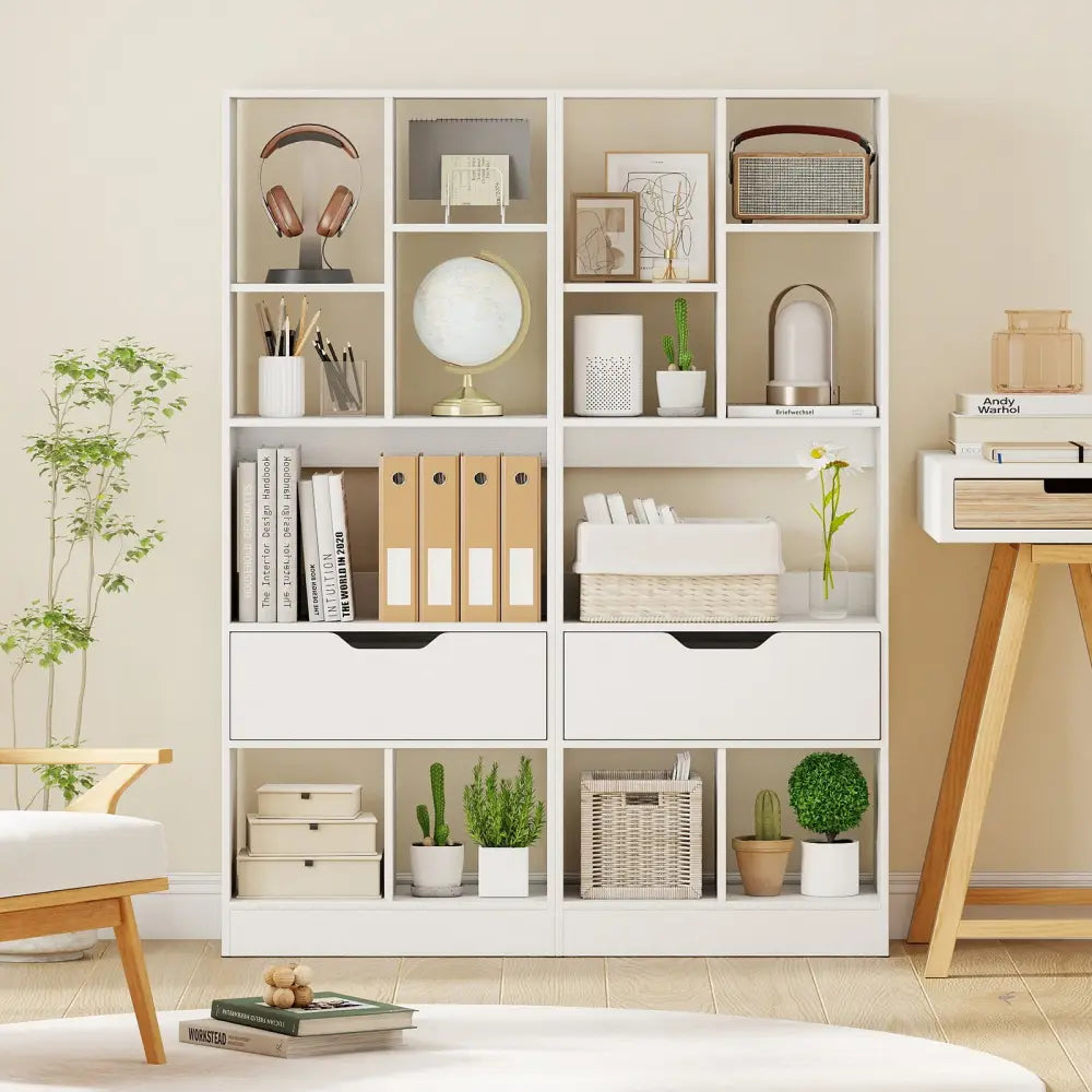 51inch Tall Freestanding Bookcase with Drawer 7-Cube Storage Organizer-White - White - Bookcases