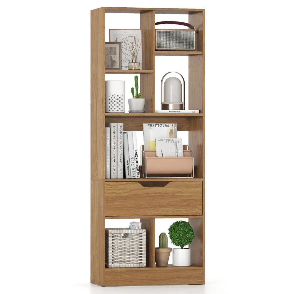 51inch Tall Freestanding Bookcase with Drawer 7-Cube Storage Organizer-Natural - Natural - Bookcases