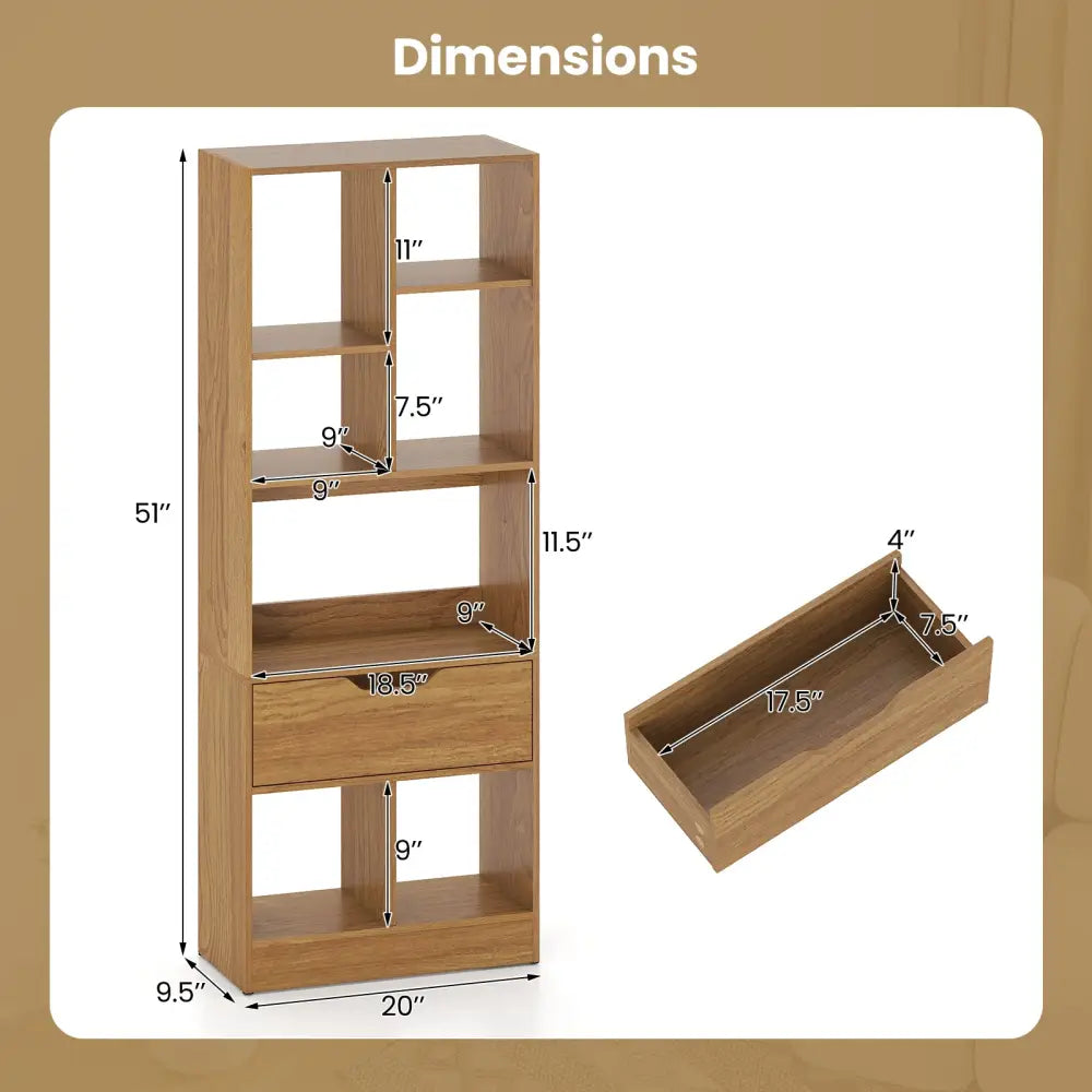 51inch Tall Freestanding Bookcase with Drawer 7-Cube Storage Organizer-Natural - Natural - Bookcases