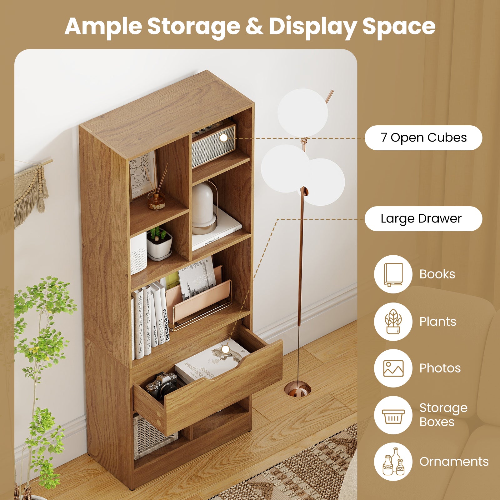 51inch Tall Freestanding Bookcase with Drawer 7-Cube Storage Organizer-Natural