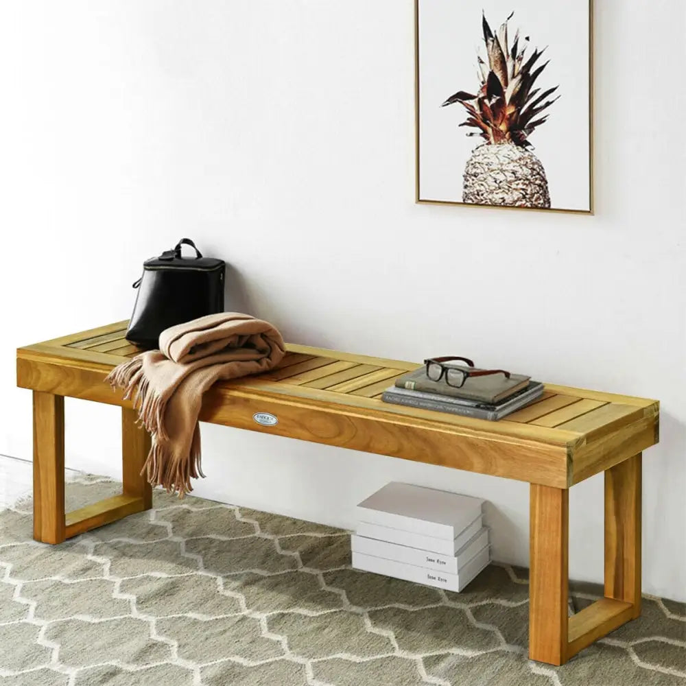 52 Inch Acacia Wood Dining Bench with Slatted Seat - Brown - Outdoor Benches