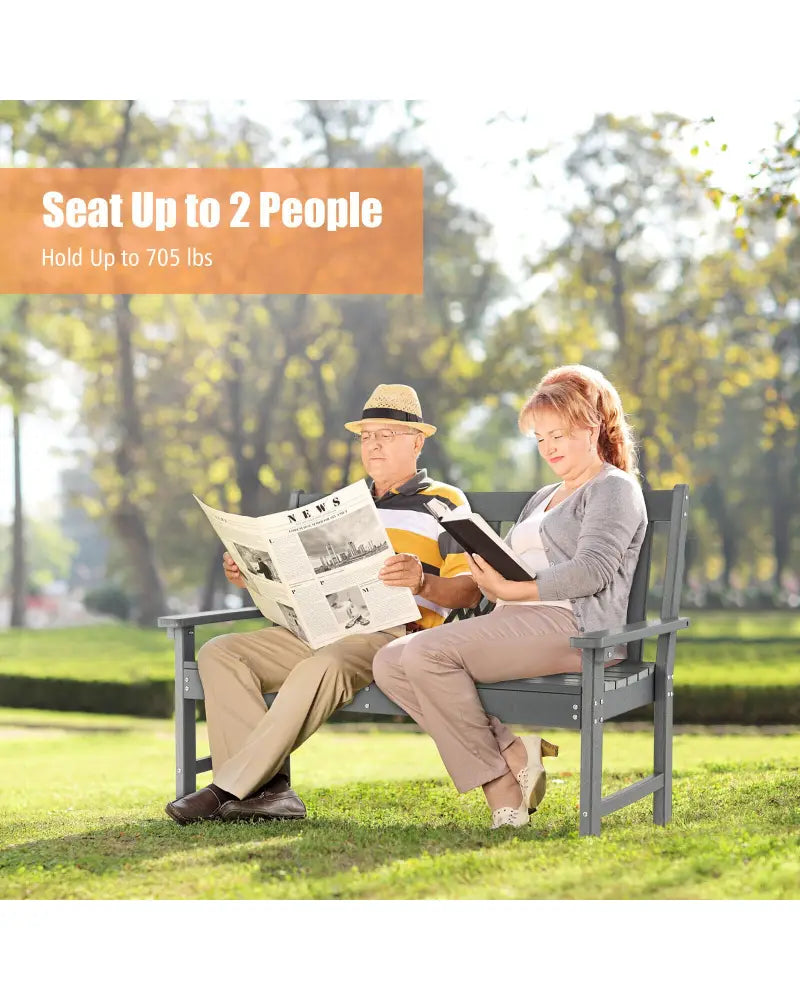 52 Inch All-Weather HDPE Outdoor Bench with Backrest and Armrests-Gray - Gray - Outdoor Benches