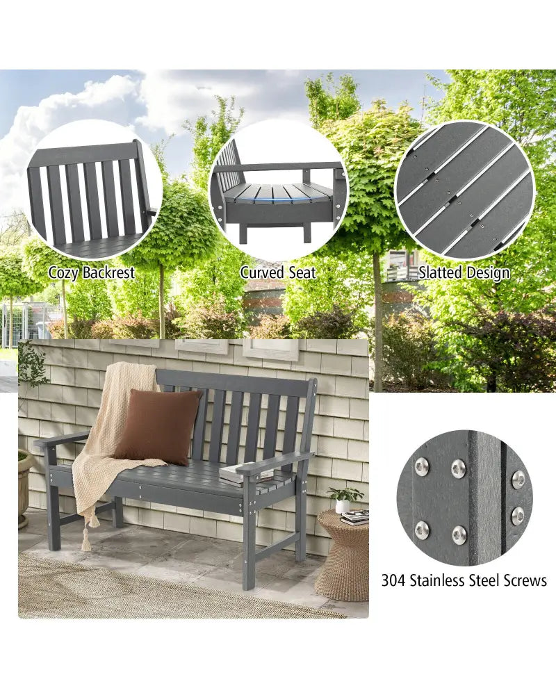 52 Inch All-Weather HDPE Outdoor Bench with Backrest and Armrests-Gray - Gray - Outdoor Benches