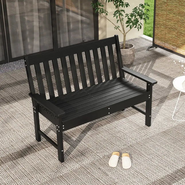 52 Inch All-Weather HDPE Outdoor Bench with Backrest and Armrests-Black - Black - Outdoor Benches