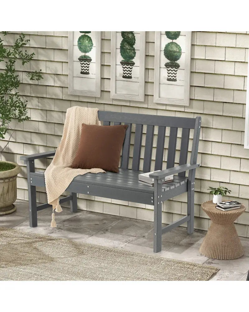 52 Inch All-Weather HDPE Outdoor Bench with Backrest and Armrests-Gray - Gray - Outdoor Benches