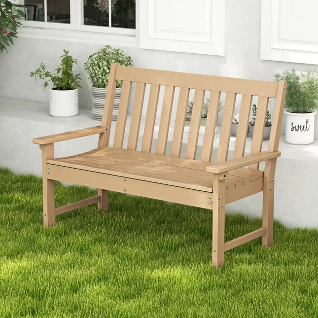 52 Inch All-Weather HDPE Outdoor Bench with Backrest and Armrests-Teak - Teak - Outdoor Benches