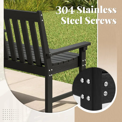 52 Inch All-Weather HDPE Outdoor Bench with Backrest and Armrests-Black - Black - Outdoor Benches