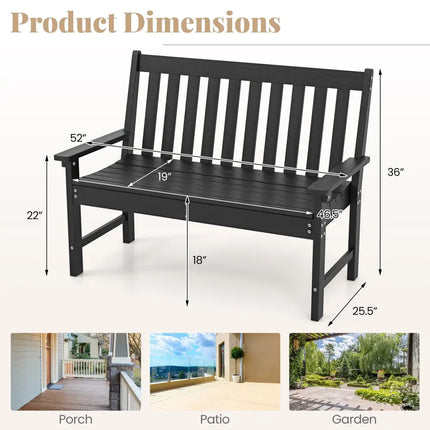 52 Inch All-Weather HDPE Outdoor Bench with Backrest and Armrests-Black - Black - Outdoor Benches