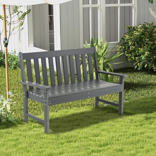 52 Inch All-Weather HDPE Outdoor Bench with Backrest and Armrests-Gray - Gray - Outdoor Benches
