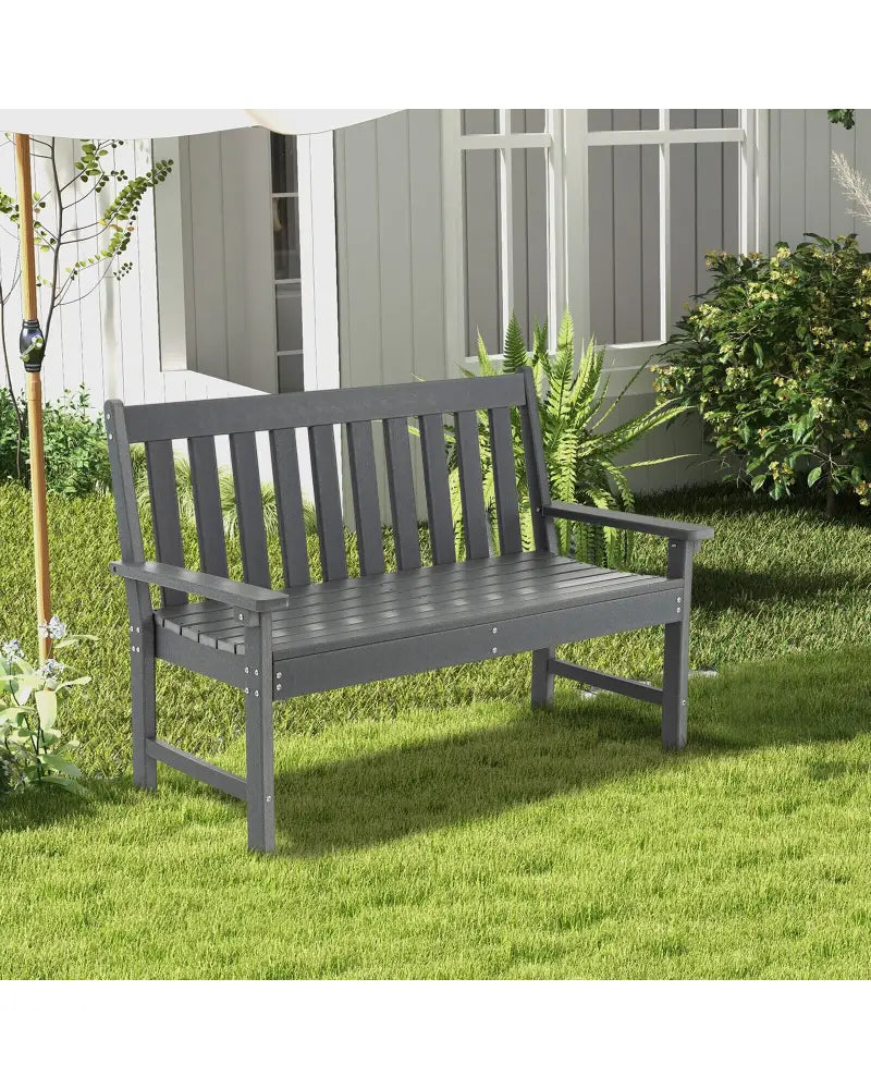 52 Inch All-Weather HDPE Outdoor Bench with Backrest and Armrests-Gray - Gray - Outdoor Benches