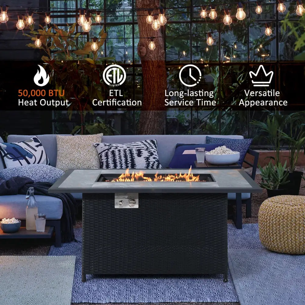 52 Inch Rattan Wicker Propane Fire Pit Table with Rain Cover and Lava Rock-Black - Black - Fire Pit Tables