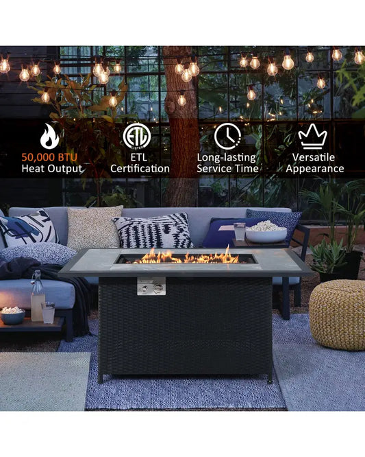 52 Inch Rattan Wicker Propane Fire Pit Table with Rain Cover and Lava Rock-Black - Black - Fire Pit Tables