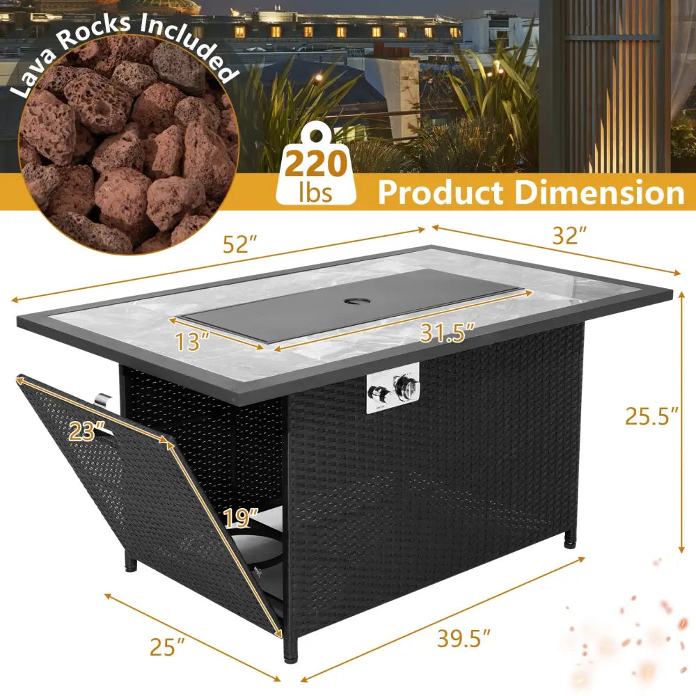 52 Inch Rattan Wicker Propane Fire Pit Table with Rain Cover and Lava Rock-Black - Black - Fire Pit Tables