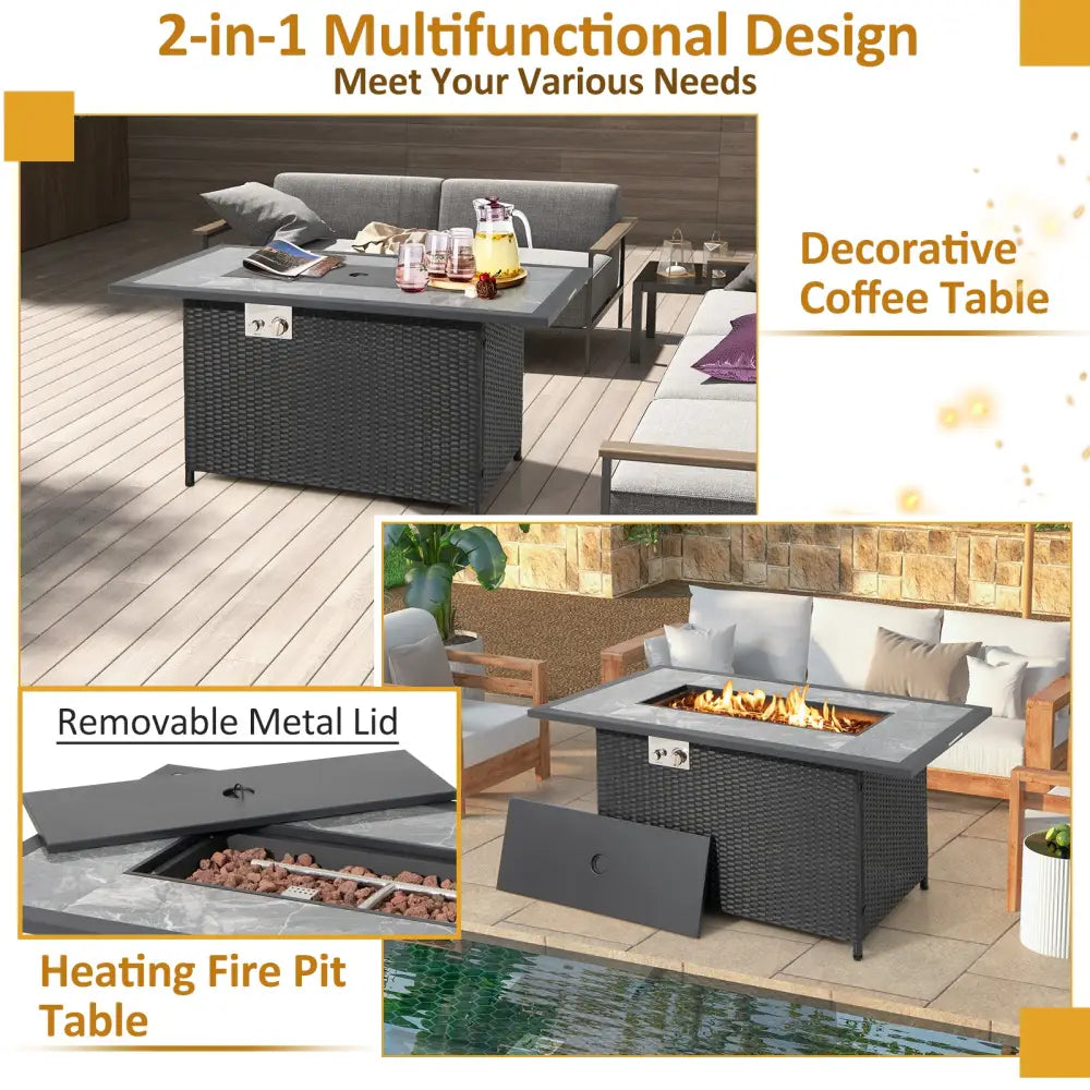 52 Inch Rattan Wicker Propane Fire Pit Table with Rain Cover and Lava Rock-Black - Black - Fire Pit Tables