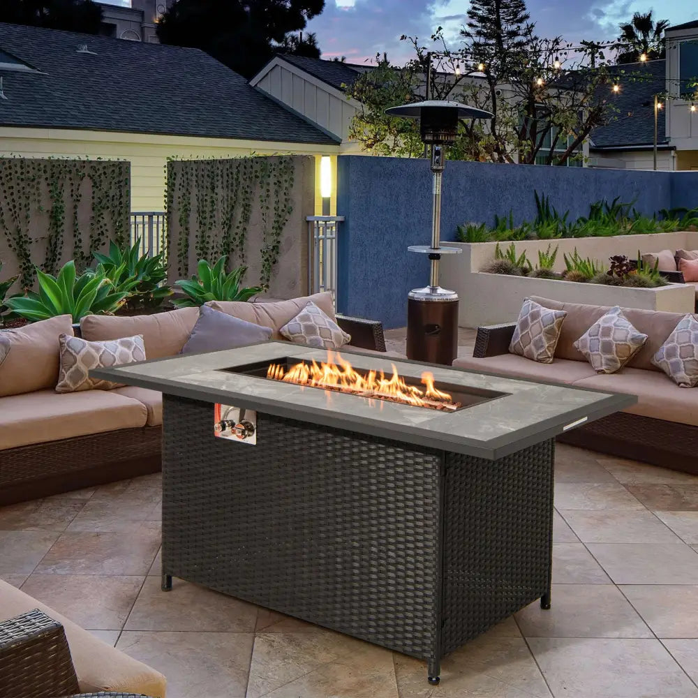 52 Inch Rattan Wicker Propane Fire Pit Table with Rain Cover and Lava Rock-Black - Black - Fire Pit Tables
