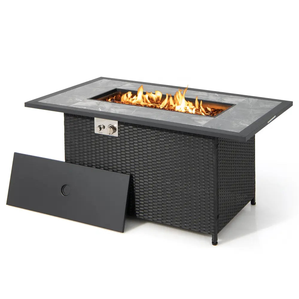 52 Inch Rattan Wicker Propane Fire Pit Table with Rain Cover and Lava Rock-Black - Black - Fire Pit Tables