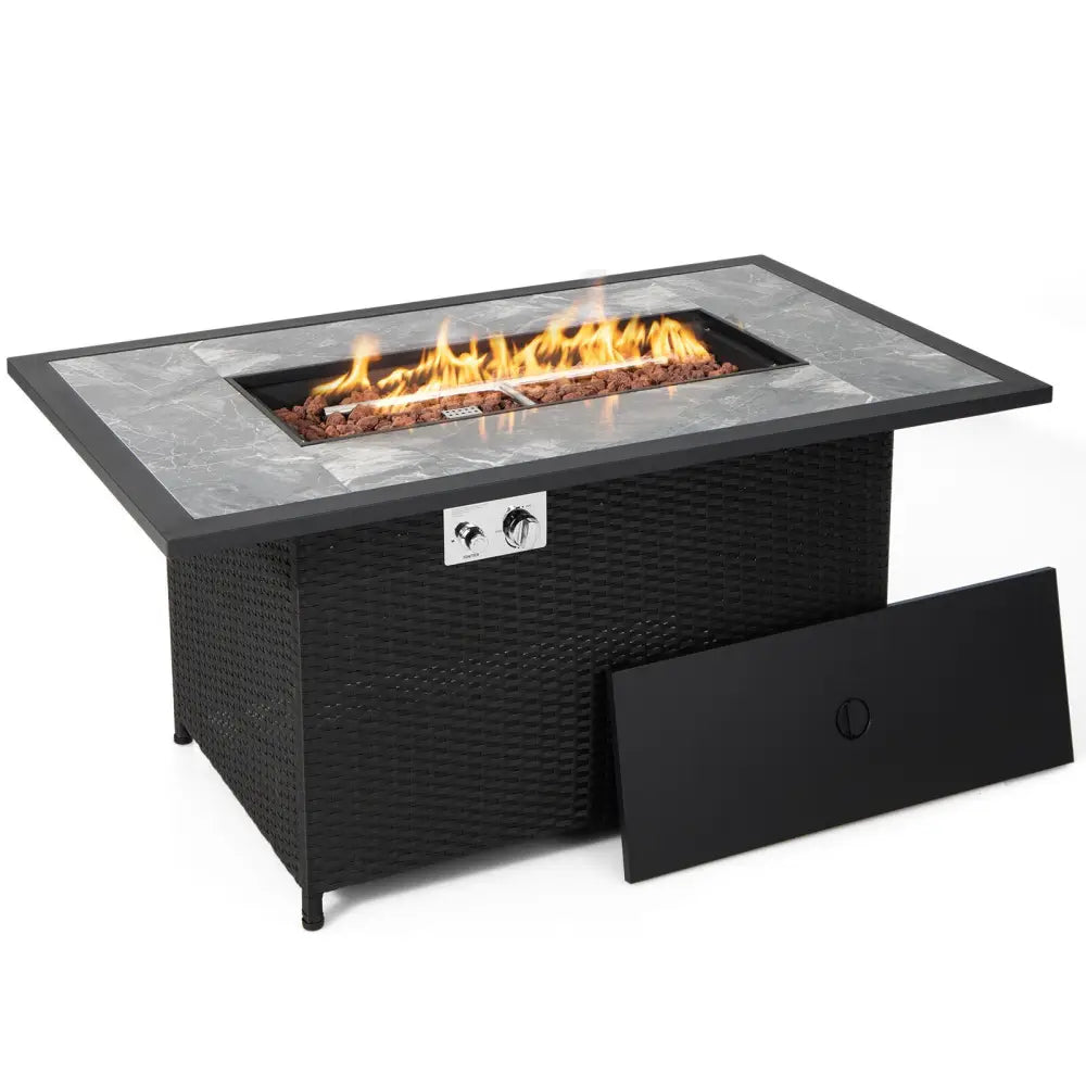 52 Inch Rattan Wicker Propane Fire Pit Table with Rain Cover and Lava Rock-Black - Black - Fire Pit Tables