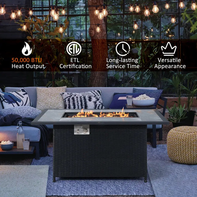 52 Inch Rattan Wicker Propane Fire Pit Table with Rain Cover and Lava Rock-Black - Black - Fire Pit Tables