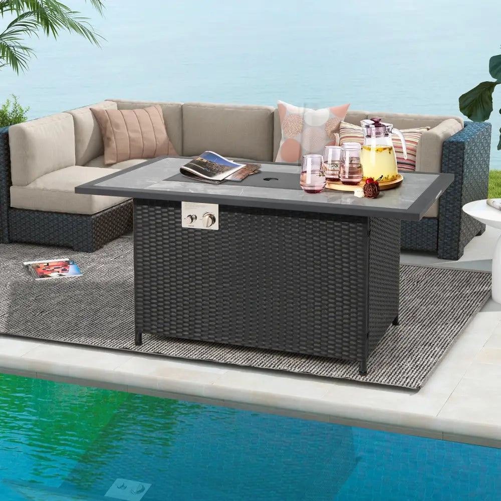 52 Inch Rattan Wicker Propane Fire Pit Table with Rain Cover and Lava Rock-Black - Black - Fire Pit Tables