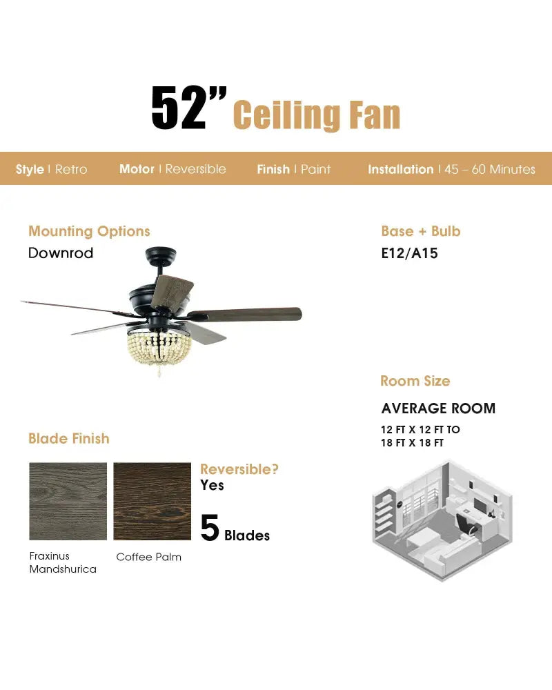 52 Inch Retro Ceiling Fan Light with Reversible Blades Remote Control-Black - Black - Ceiling Fans
