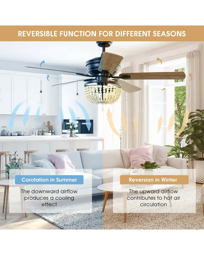 52 Inch Retro Ceiling Fan Light with Reversible Blades Remote Control-Black - Black - Ceiling Fans