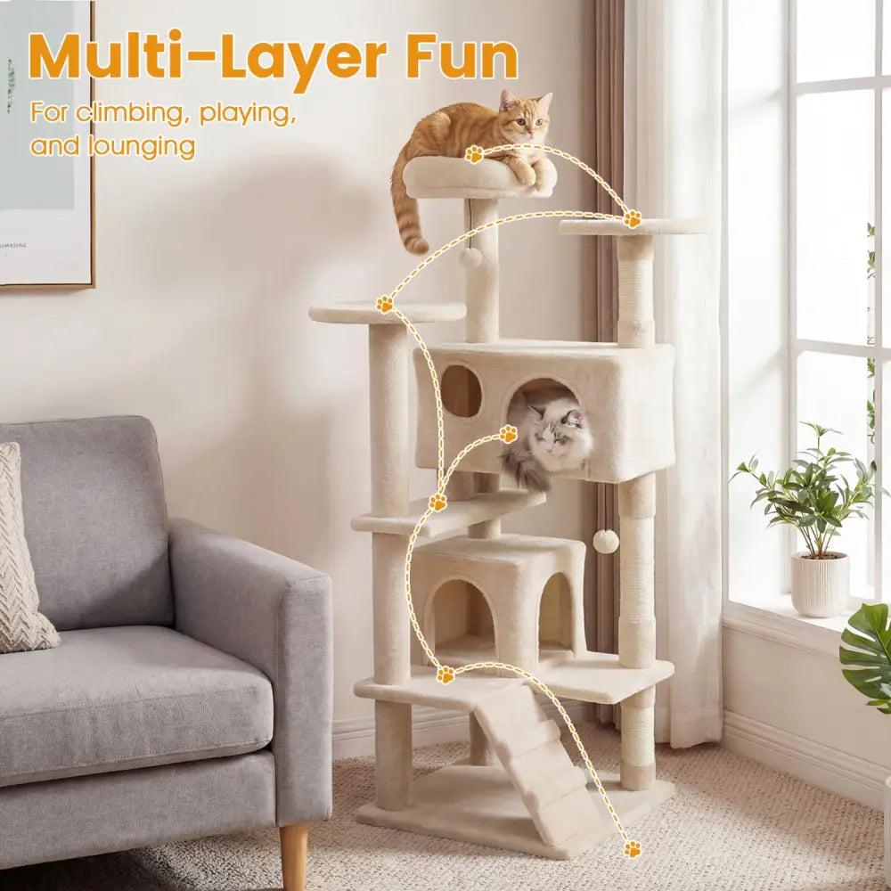 52 Inch Tall Cat Tree Tower for Indoor Cats-Beige - Beige - Cat Trees Condos & Scratchers