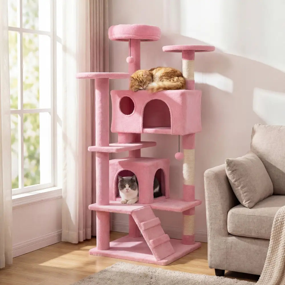 52 Inch Tall Cat Tree Tower for Indoor Cats-Pink - Pink - Cat Trees Condos & Scratchers