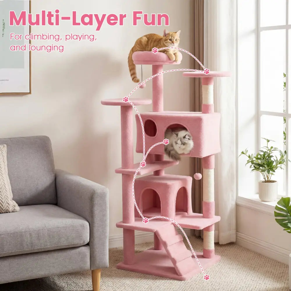 52 Inch Tall Cat Tree Tower for Indoor Cats-Pink - Pink - Cat Trees Condos & Scratchers