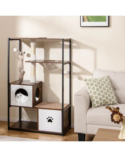 52 Inch Tall Wooden Cat Tree Metal Frame with 2 Condos and Cushions-Coffee - Coffee - Cat Trees Condos & Scratchers