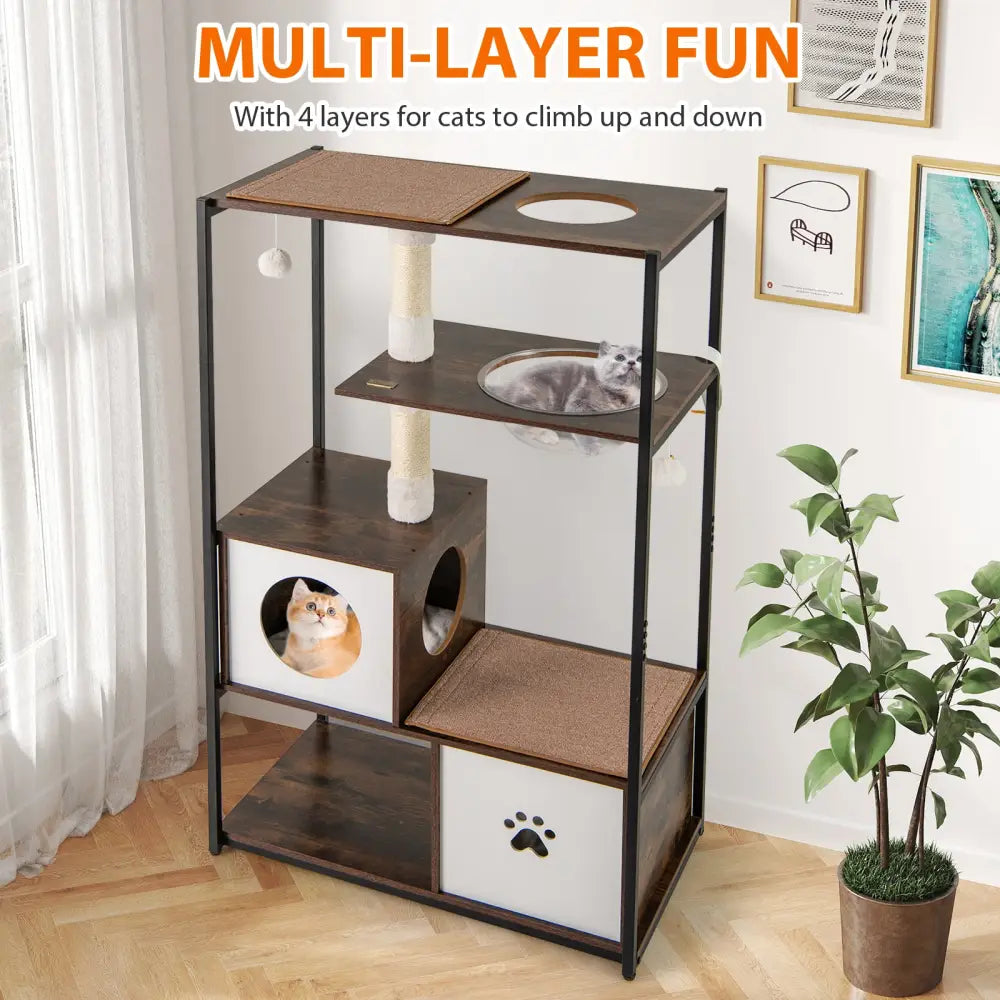 52 Inch Tall Wooden Cat Tree Metal Frame with 2 Condos and Cushions-Coffee - Coffee - Cat Trees Condos & Scratchers