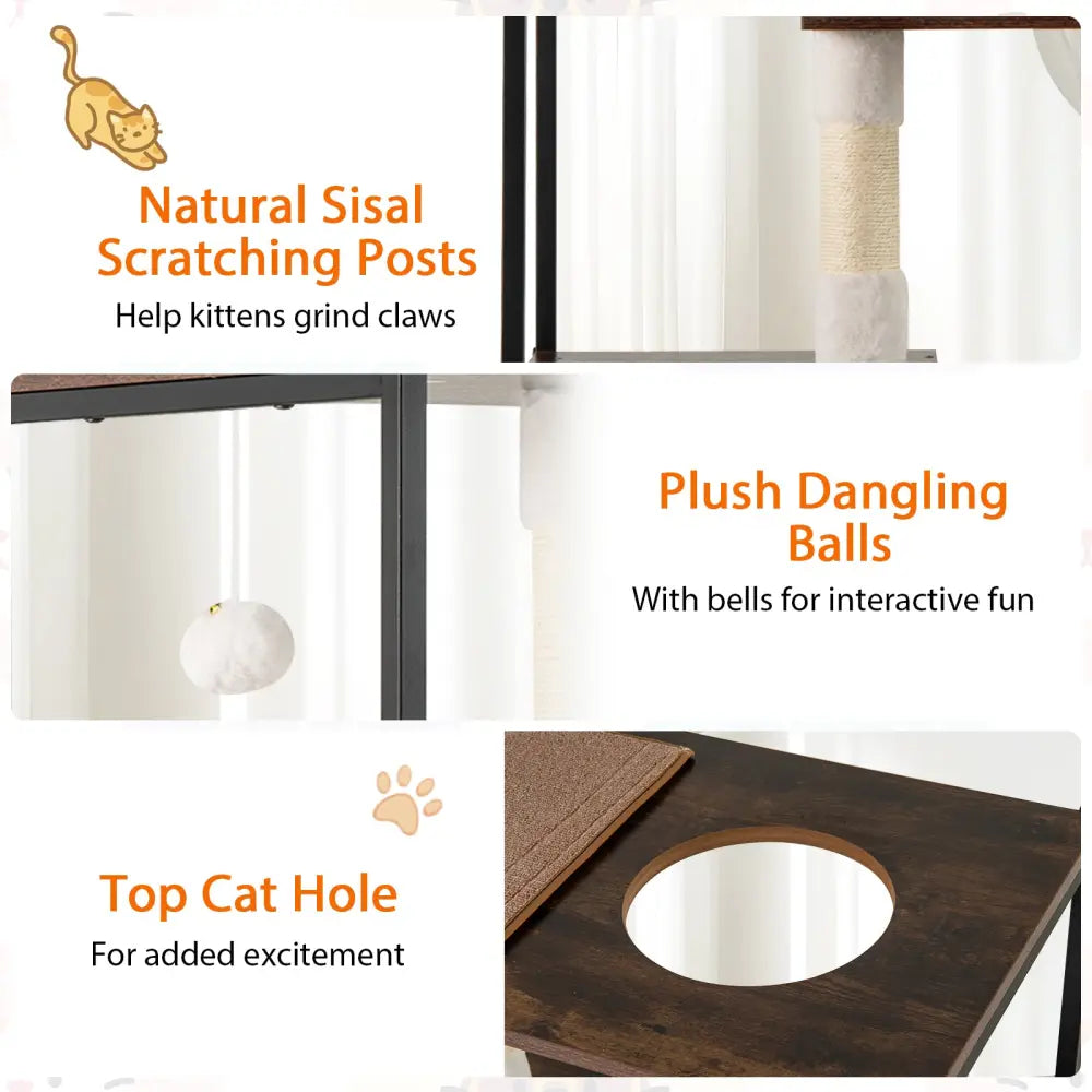 52 Inch Tall Wooden Cat Tree Metal Frame with 2 Condos and Cushions-Coffee - Coffee - Cat Trees Condos & Scratchers