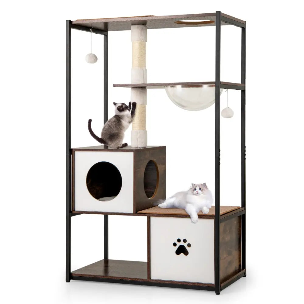 52 Inch Tall Wooden Cat Tree Metal Frame with 2 Condos and Cushions-Coffee - Coffee - Cat Trees Condos & Scratchers