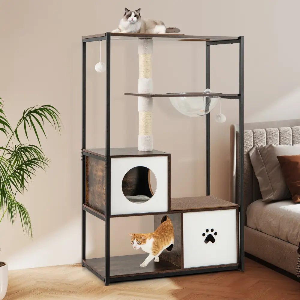 52 Inch Tall Wooden Cat Tree Metal Frame with 2 Condos and Cushions-Coffee - Coffee - Cat Trees Condos & Scratchers