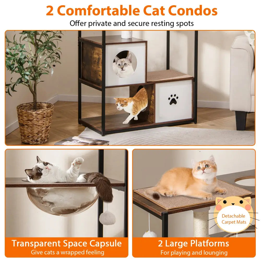 52 Inch Tall Wooden Cat Tree Metal Frame with 2 Condos and Cushions-Coffee - Coffee - Cat Trees Condos & Scratchers