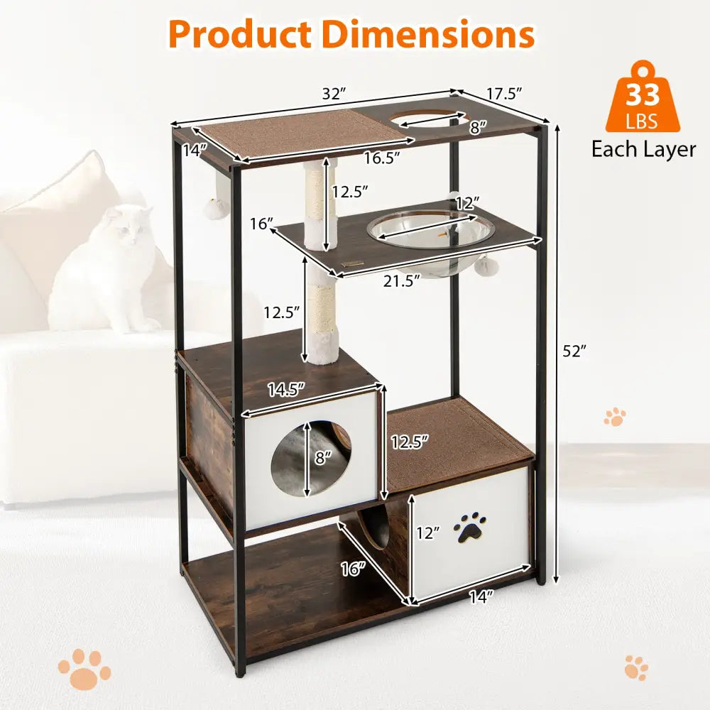 52 Inch Tall Wooden Cat Tree Metal Frame with 2 Condos and Cushions-Coffee - Coffee - Cat Trees Condos & Scratchers