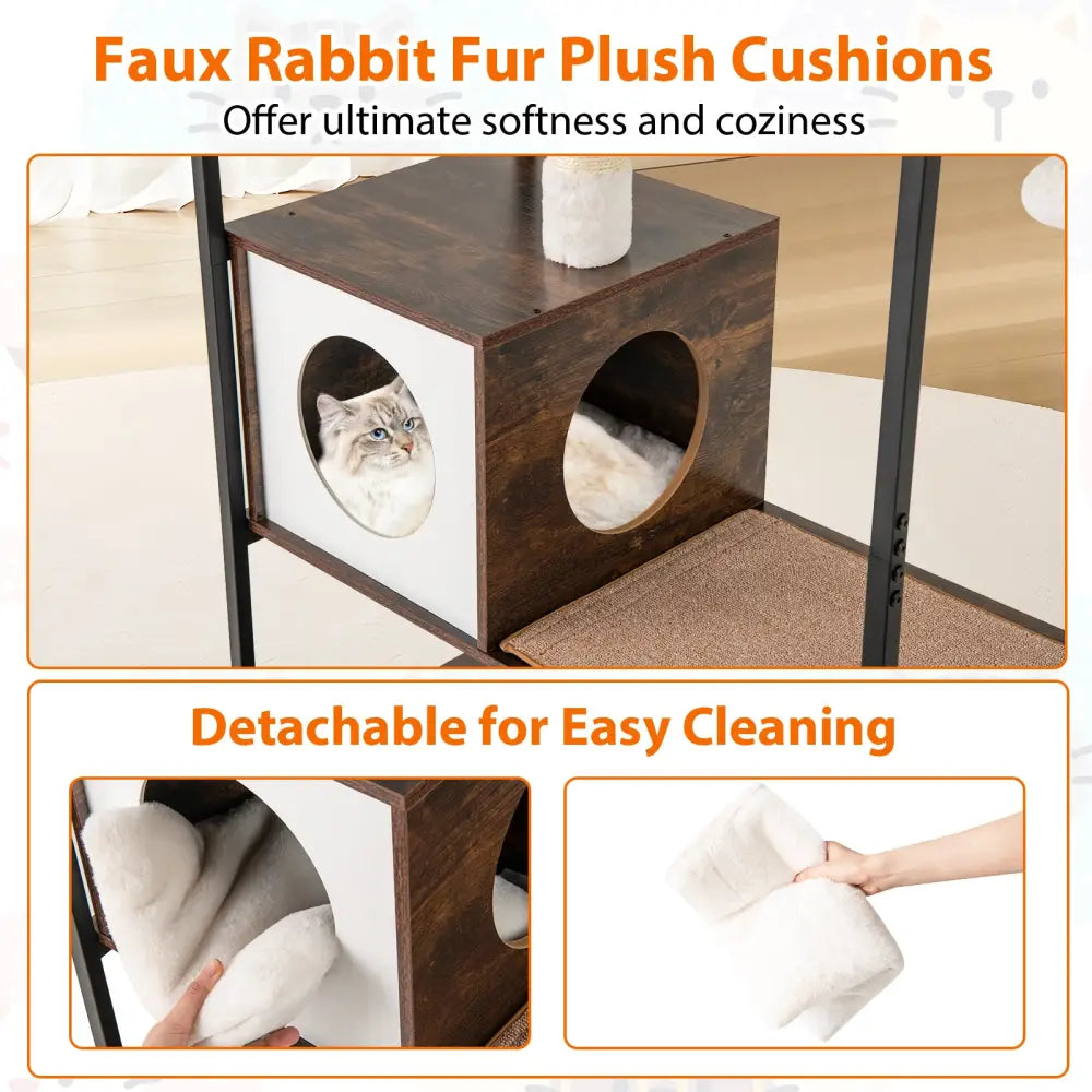 52 Inch Tall Wooden Cat Tree Metal Frame with 2 Condos and Cushions-Coffee - Coffee - Cat Trees Condos & Scratchers