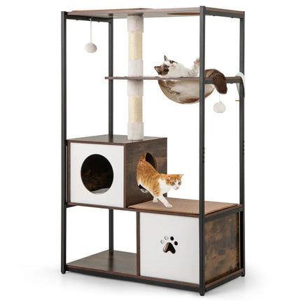52 Inch Tall Wooden Cat Tree Metal Frame with 2 Condos and Cushions - Coffee - Oasis Home Essentials